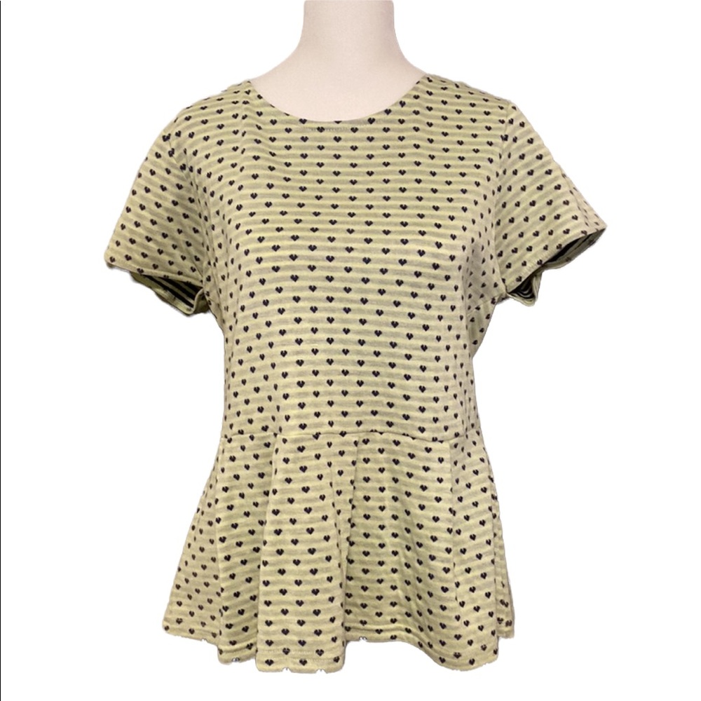 Women's Short-Sleeve Peplum Top in Light Olive with Heart Print